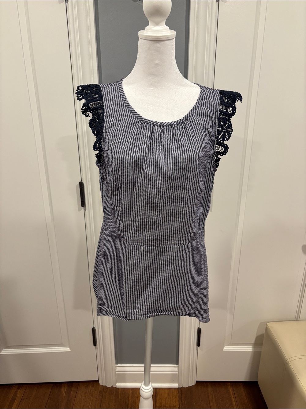 CAbi Navy and White Pinstripe Tank with Crochet Cap Sleeves